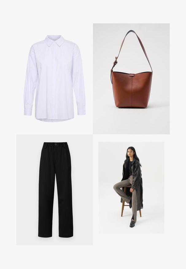 Hosszú ujjú, gombos ing világoskék és fehér csíkokkal. Klasszikus gallérral és kényelmes, íves aljjal rendelkezik.; Fekete, bőszárú nadrág, texturált derékrésszel, elöl gombos záródással és két oldalsó zsebből. Sima anyag és szabott kialakítás.; Fekete bőr trench coat, gombokkal és öv részletekkel, világosbarna, testhez simuló nadrággal és fekete loaferekkel párosítva, fa bárszéken ülve.; Barna bőr válltáska ívelt formával, sima felülettel és egy vékony pánttal. Diszkrét varrással és kis logóval rendelkezik.
