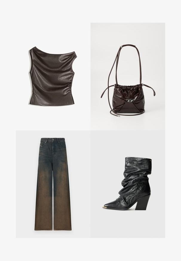 Epämääräinen, yksiolkaiminen yläosa tummanruskeasta tekonahasta; rypistetty sivuyksityiskohta; sileä pinta, jossa on kevyt kiilto; vartaloa myötäilevä malli.; Vaaleat farkut tummassa denimissä, joissa on himmeä häivytys tummasta vaaleaan ruskeaan, klassinen viisi-taskuinen malli ja metallinen nappi.; Musta nahkainen puoleenväliin ulottuva löysä saapas, jossa on krokotiilitekstuuri, terävä kärki, kultainen kärki ja paksu korkea korko valkoisella taustalla.; Tummanruskea kiiltävä nahkainen olkalaukku, jossa on riiputtava yläosa ja ohut säädettävä olkahihna. Edessä on pieni hopeanvärinen sulkija.