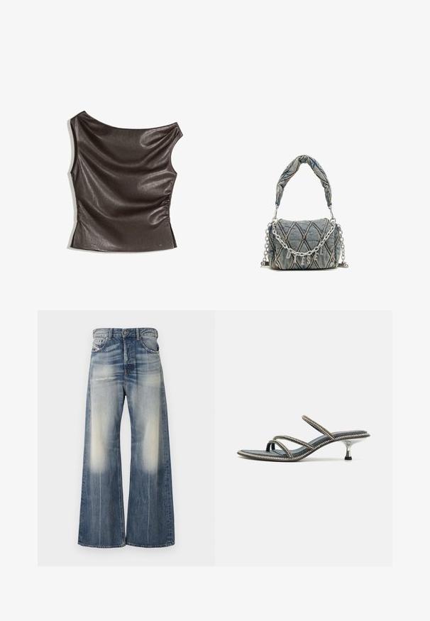 Asymetrický top na jedno rameno v tmavohnedej imitácii kože; zhrnutý bočný detail; hladká textúra s jemným leskom; priliehavý strih.; Džínsy s širokými nohavicami v bledom modrom denime s jemným opotrebovaním, ľahkým zničením a rovnými siluetami. Obsahuje klasické gombíkové zapínanie a vrecká.; Denimové sandále s tromi tenkými popruhmi ozdobenými kamienkami, špicatou špičkou a kovovým, ihlovým podpätkom. Neklzká základňa.; Džínová kabelka s prešívaným vzorom, modrej farby, s krátkym spleteným držadlom a strieborným reťazovým popruhom, ktorý má detail s metalickým logom značky.