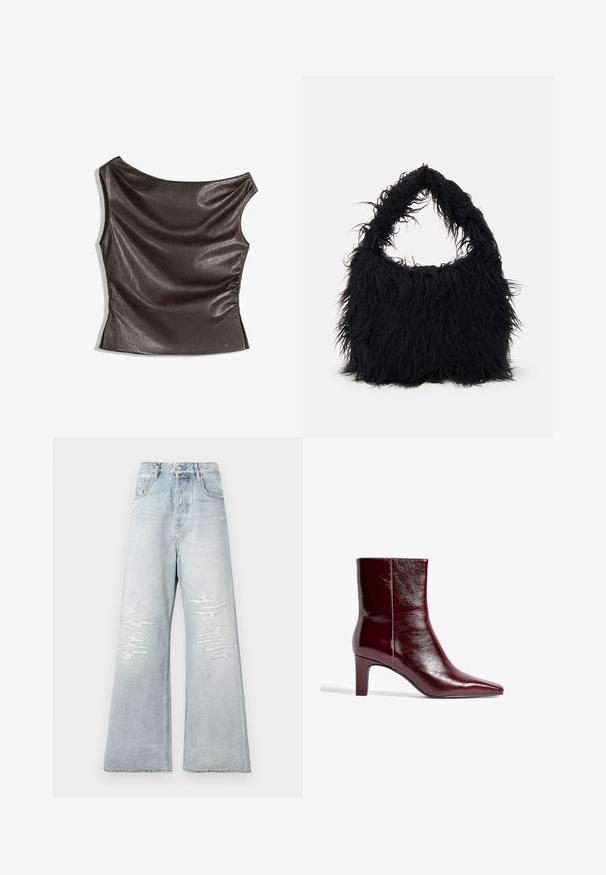 Asimetričen top z enim ramenom v temno rjavi umetni usnjeni tkanini; nabran stranski Detajl; gladka tekstura z rahlim sijajem; oprijeta zasnova.; Svijetloplave, hlače širokih nogavica viskog struka s rupama na prednjim bedrima i pet džepova, postavljene na običnu bijelu pozadinu.; Burgundska usnjena gležnarja s koničastim nosom, elegantne zasnove in srednjo blok peto. Gladka tekstura in minimalno šivanje.; Even&Odd Torba za nakupovanje - black