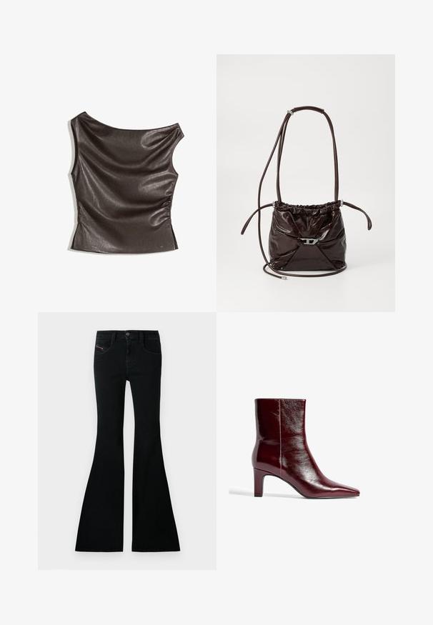 Asymetrický top na jedno rameno v tmavohnedej imitácii kože; zhrnutý bočný detail; hladká textúra s jemným leskom; priliehavý strih.; Čierne rozšírené džínsy s vysokým pásom, denimová látka, predné vrecká a malý logo detail na prednom vrecku.; Burgundy kožené členkové topánky s špicatou špičkou, elegantným dizajnom a stredným blokovým podpätkom. Hladká textúra a minimálne švy.; Tmavo hnedá lesklá kožená kabelka na rameno s naťahovacím vrchom a tenkým nastaviteľným popruhom, ktorá má na prednej strane malý strieborný uzáver.