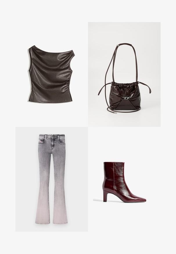Asimetričen top z enim ramenom v temno rjavi umetni usnjeni tkanini; nabran stranski Detajl; gladka tekstura z rahlim sijajem; oprijeta zasnova.; Razširjene kavbojke v prehodni črni do svetlo sivi denim. Imajo klasičen dizajn s petimi žepe, sprednje zaklepanje na gumb in subtilne šivane detajle.; Burgundska usnjena gležnarja s koničastim nosom, elegantne zasnove in srednjo blok peto. Gladka tekstura in minimalno šivanje.; Temno rjava sijoča usnjena torba čez ramo z nabiranim zgornjim delom in tankim nastavljivim trakom, ki je na sprednji strani opremljena z majhno kovinsko zaporo srebrne barve.