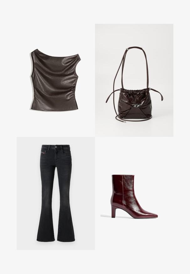 Epämääräinen, yksiolkaiminen yläosa tummanruskeasta tekonahasta; rypistetty sivuyksityiskohta; sileä pinta, jossa on kevyt kiilto; vartaloa myötäilevä malli.; Musta leveälahkeinen farkut, valmistettu denimg materialista. Ominaisuuksiin kuuluu klassinen viiden taskun malli, jossa on hillitty ompelu ja brändätty logo taskussa.; Burgundi nahkasaappaat, joissa on terävä kärki, tyylikäs muotoilu ja keskikokoinen lohkoakkur. Tasainen pinta ja vähäiset sauman yksityiskohdat.; Tummanruskea kiiltävä nahkainen olkalaukku, jossa on riiputtava yläosa ja ohut säädettävä olkahihna. Edessä on pieni hopeanvärinen sulkija.