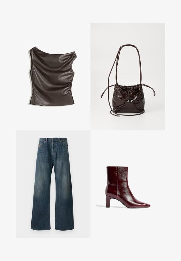Asimetričen top z enim ramenom v temno rjavi umetni usnjeni tkanini; nabran stranski Detajl; gladka tekstura z rahlim sijajem; oprijeta zasnova.; Široke denim hlače v temno modri barvi z zbledelim zaključkom, z zapiranjem na gumbe, petimi žepi in minimalnimi poškodbami na tkanini.; Burgundska usnjena gležnarja s koničastim nosom, elegantne zasnove in srednjo blok peto. Gladka tekstura in minimalno šivanje.; Temno rjava sijoča usnjena torba čez ramo z nabiranim zgornjim delom in tankim nastavljivim trakom, ki je na sprednji strani opremljena z majhno kovinsko zaporo srebrne barve.