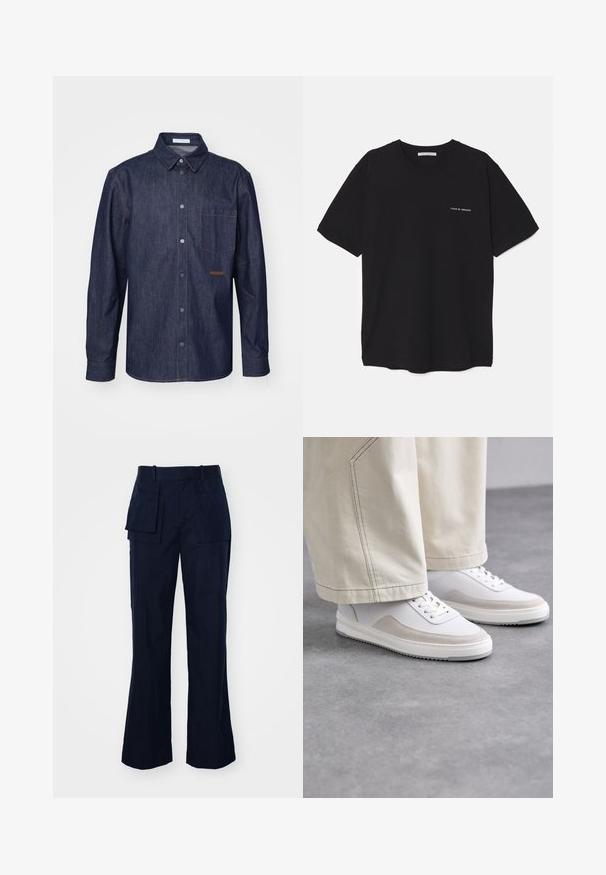 Tmavě modrá džínsová košile s knoflíkovou légu, špicatým límcem, jedním náprsním kapsou a kontrastním prošíváním.; Černé bavlněné tričko s kulatým výstřihem, krátkými rukávy a bílým logem potisknutým na levé straně hrudi. Jednoduchý, jednobarevný design.; Námořnické cargo kalhoty s rovným střihem, které mají několik velkých kapes, plochý pas a hladkou, strukturovanou tkaninu.; Bílé tenisky s hladkým koženým svrškem, béžovými semišovými detaily, plochými tkaničkami a texturovanou gumovou podrážkou, zkombinované s světlými širokými kalhotami.