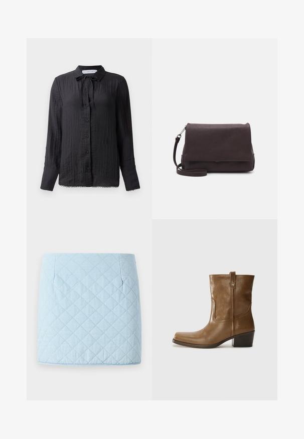 Blusa nera con bottoni e dettaglio al collo a cravatta, tessuto testurizzato, maniche lunghe e pizzo lungo l'orlo. I bottoni sono neri e lucidi.; Gonna trapuntata di colore azzurro chiaro con un motivo a diamante, dotata di due tasche laterali e orlo dritto. Realizzata in un tessuto texturizzato.; Stivale alla caviglia in pelle marrone con punta quadrata, finitura testurizzata e tacco basso incassato. Dotato di un pratico tassello posteriore e dettagli di cucitura sottili.; Tiger of Sweden LIMBIATE UNISEX - Borsa a tracolla - pure decadence