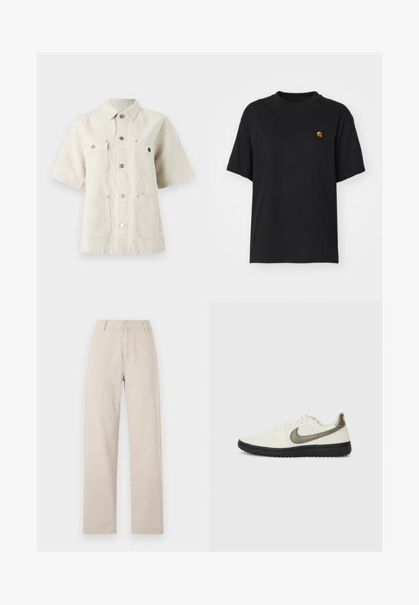 Short-sleeve shirt in light beige fabric, featuring a pointed collar, front buttons, two chest pockets, and a small logo patch on the left.; Black cotton t-shirt with a relaxed fit. Features a round neck and short sleeves. Includes a small gold embroidered logo on the chest.; Beige wide-leg pants made of cotton, featuring a front button closure, belt loops, and a classic fit with clean lines.; Nike Sportswear FIELD GENERAL - Trainers - off-white/black