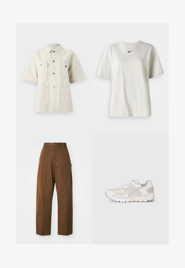 Kreklu ar īsām piedurknēm gaisā bēšā audumā, ar norādītu apkārtni, priekšējiem pogām, divām krūšu kabatām un mazu logo plāksteri kreisajā pusē.; Balts kokvilnas T-krekls ar apaļu kakla izgriezumu un īsām piedurknēm. Uz krūtīm ir neliels melns Nike logo. Vienkāršs un bez rotājumiem dizains.; Brūni, platleği bikses izturīga auduma, ar pogu aizdari un sānu kabatām. Gluda tekstūra un taisnā griezumā.; Biežņu sporta apavi ar sietu un sintētiskām materiālām. Piedāvā teksturētu dizainu, mīkstu apkakli un ģeometriskus akcentus uz papēža.