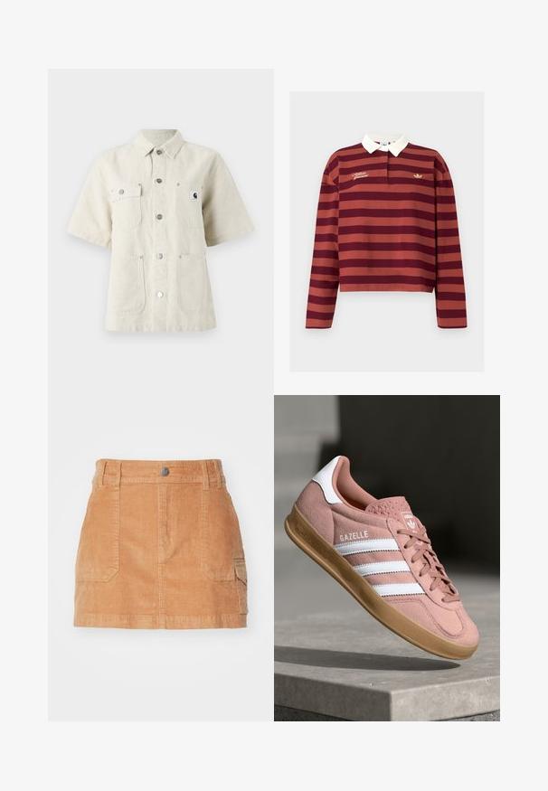 Chemise à manches courtes en tissu beige clair, avec un col pointu, des boutons sur le devant, deux poches sur la poitrine et un petit patch logo sur la gauche.; Polo à manches longues rayé bordeaux et rouille avec un col blanc, comportant un logo brodé doré et un petit logo sur la poitrine.; Jupe mini en velours côtelé marron clair, dotée d'une taille haute, de poches avant et d'une texture lisse avec des côtes verticales.; Baskets en suede rose avec des rayures blanches, semelle en caoutchouc, supérieur texturé et logo sur la languette. Design classique basse.