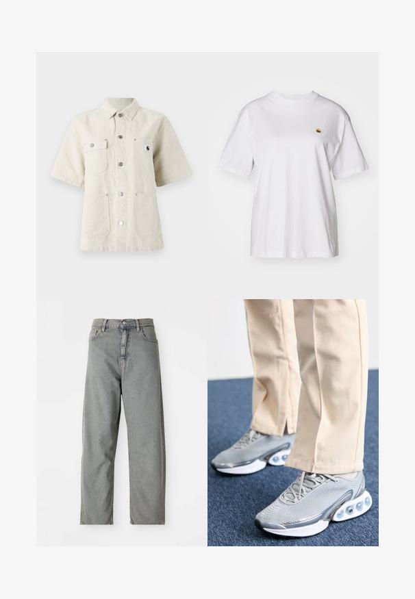 Kortermet skjorte i lys beige stoff, med spiss krage, frontknapper, to brystlommer og et lite logomerke til venstre.; Hvit bomulls t-skjorte med avslappet passform, korte ermer og en liten brodert logo på venstre brystområde.; Lys grå denimjeans med rett bendesign, med knappelukking foran, fem lommer og subtil falming.; Grå treningssko med mesh-overdel, rund tå og polstret såle; har små luftputer i sålen for ekstra støtte.