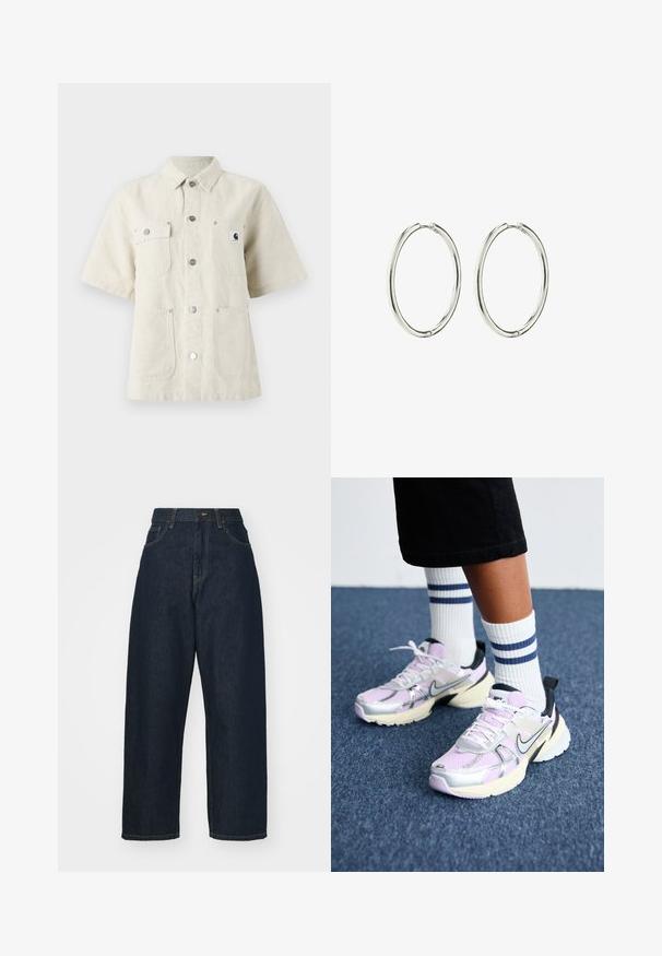 Koszula z krótkim rękawem w jasnobeżowym kolorze, z wykładanym kołnierzykiem, zapinana na guziki z przodu, z dwiema kieszeniami na piersi oraz małą naszywką z logo po lewej stronie.; Ciemnoniebieskie dżinsy w szerokim kroju z wysokim stanem. Posiadają kieszenie z przodu i tradycyjne szycie. Gładka faktura, prosty krój.; Sneakers Nike z siateczkową cholewką w kolorze lawendowym, srebrnymi i czarnymi akcentami oraz grubą kremową podeszwą. Połączone z białymi skarpetkami w niebieskie paski.; Srebrne kolczyki w formie kółek z gładkim, polerowanym wykończeniem. Okrągły kształt, lekkie wykonanie, z bezpiecznym mechanizmem zapięcia.