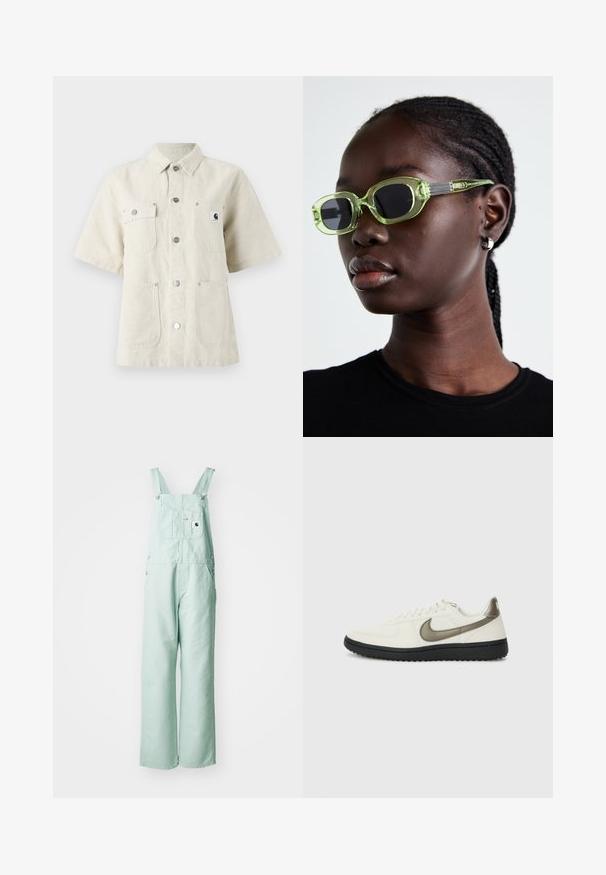 Kortermet skjorte i lys beige stoff, med spiss krage, frontknapper, to brystlommer og et lite logomerke til venstre.; Lyse mintgrønne overalls laget av solid stoff, med justerbare skulderstropper, en brystlomme og to sidelommer.; Nike Sportswear FIELD GENERAL - Joggesko - off-white/black; Grønntipset solbriller med en slank, rektangulær ramme og mørke linser; teksturerte grå armer med merkevare. Glatt hud og en svart skjorte.