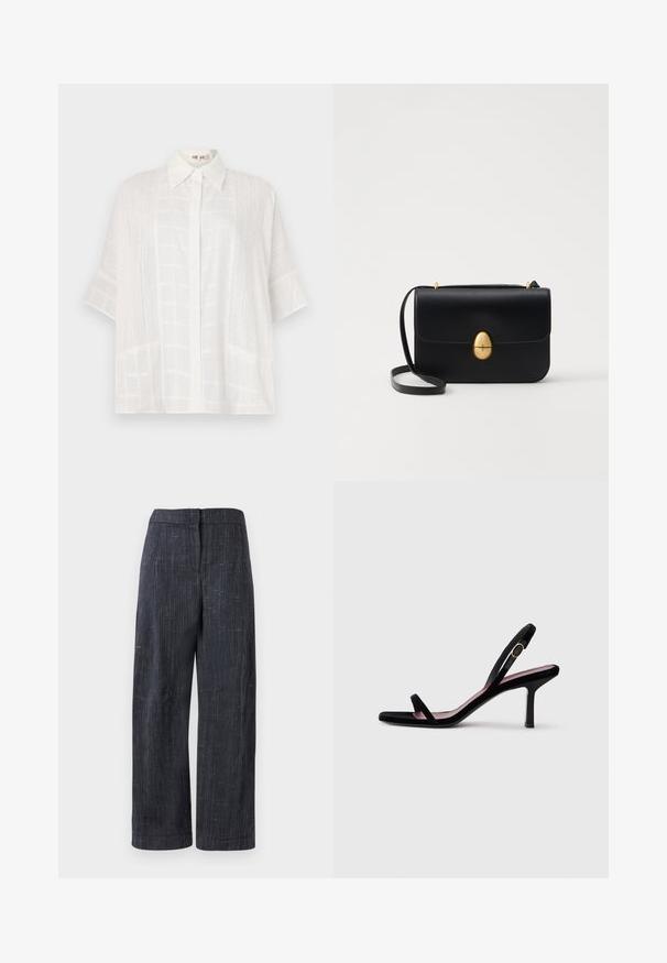 White short-sleeve shirt featuring a button-up front, subtle textured patterns, and a relaxed fit, crafted from lightweight fabric.; Dark gray wide-leg pants with subtle textured weave, high waist, and concealed front closure.; Black suede women's high-heeled sandal with slim straps and a gold buckle on a white background, side view.; Black leather handbag with a structured rectangular shape. Features a golden oval clasp and a thin shoulder strap. Smooth texture.