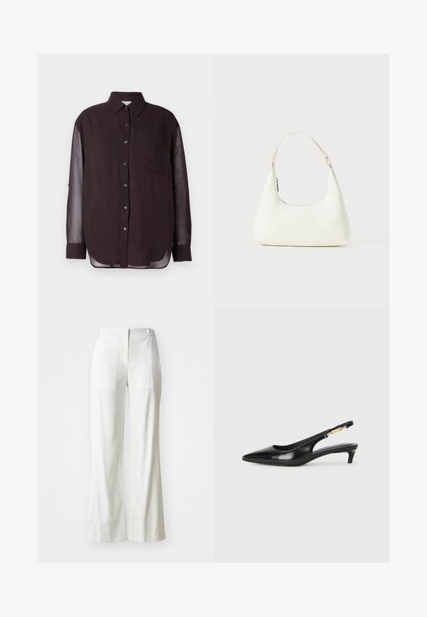 Fekete gombos ing áttetsző hosszú ujjal, mellzsebbel és lekerekített hátvédővel. Simaság jellemzi az anyagot; klasszikus gallér design.; Fehér, magas derekú, bő szárú nadrág könnyű anyagból. Simább elülső rész, hátsó zsebek és letisztult, egyszerű dizájn jellemzi.; Fekete bőr slingback magassarkúk, hegyes orral, vékony sarkakkal és arany színű részlettel a állítható pánton. Simа felület.; Kicsi fehér válltáska egyetlen állítható pánttal és cipzárral, egy sima fehér háttér előtt.