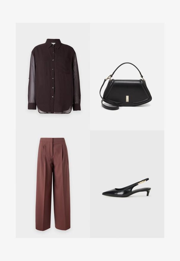 Black button-up shirt with sheer long sleeves, a chest pocket, and a rounded hem. Smooth fabric texture; classic collar design.; Brown wide-leg trousers with a high waist, featuring pleats at the front, tailored design, and smooth fabric texture.; Black leather slingback heels with a pointed toe, featuring a slim heel and a gold-tone accent on the adjustable strap. Smooth texture.; Black leather handbag with a structured design, featuring a cropped shape, top handle, and gold hardware accent. Adjustable shoulder strap included.