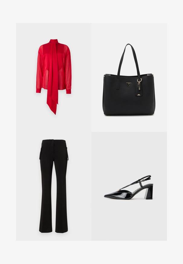 Blusa vermelha, transparente, com gola alta e mangas longas. Apresenta um detalhe proeminente em laço drapeado na parte da frente e punhos ajustados.; Calças pretas largas feitas de um material liso e elástico. Apresentam um fecho com botão na frente e bolsos laterais com zíper para maior utilidade.; Sapatos de salto alto em couro verniz preto, com biqueira pontiaguda, tira ajustável e salto retangular robusto.; Mala tote preta feita de material sintético texturizado, com duas alças, uma placa de logótipo dourada e uma etiqueta pequena com um detalhe em acento.