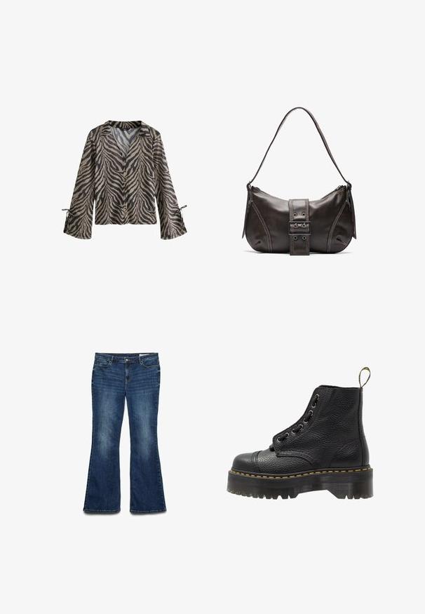 Chemise à manches longues légère avec un motif de rayures de tigre beige et noir, fermeture à boutons à l'avant, et poignets noués pour un ajustement réglable.; Jeans en denim bleu évasés avec une finition de lavage moyen, dotés de cinq poches, d'une fermeture à bouton à l'avant et de détails brodés le long des coutures.; Bottines en cuir noir avec surface texturée, bout arrondi, lacets, coutures jaunes et une épaisse semelle noire crantée.; Sac à épaule en cuir marron avec une forme courbée, présentant un détail de boucle proéminent, des coutures contrastantes et une seule bandoulière.; Boucles d'oreilles en or avec un design en forme de boucle ouverte et élancée. Texture lisse avec une finition polie, sans embellissements ni motifs.