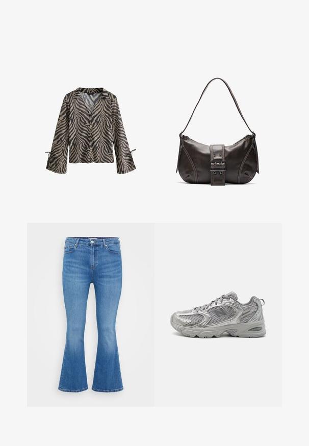 Long-sleeve, lightweight shirt featuring a beige and black tiger stripe pattern, button front, and tied cuffs for adjustable fit.; Light blue denim flared jeans, featuring a high waist, five pockets, and a classic button closure. Smooth texture with subtle fading.; Silver athletic sneakers featuring a mesh upper, lightweight design, padded collar, and textured sole with "ABZORB" branding.; Brown leather shoulder bag with a curved shape, featuring a prominent buckle detail, contrasting stitching, and a single shoulder strap.; Silver hoop earrings with a twisted design, featuring a polished finish and post-back closure. Measure approximately 3 cm in diameter.