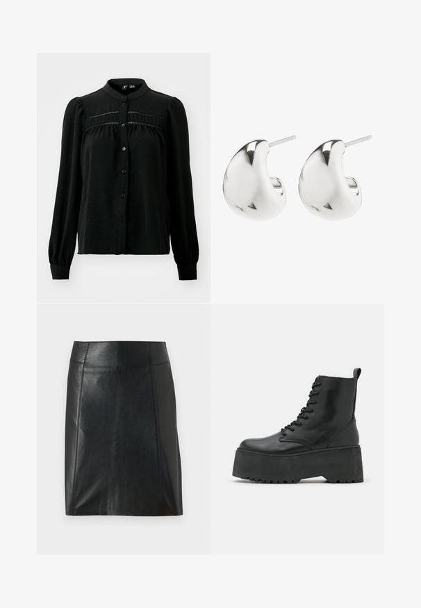 Vero Moda VMEMMA - Bluza s gumbima - black; Crna kožna suknja s prilagođenim dizajnom. Glatka tekstura, šavovi koji oblikuju siluetu i ravni rub. Minimalistički i elegantan izgled.; Crne gležnjače s debelim platformama, izrađene od glatke kože, s vezanjem i s trakicom na stražnjem dijelu.; Srebrne naušnice s glatkim, zakrivljenim dizajnom. Imaju polirani završetak i postavljen stražnji dio za sigurno nošenje.