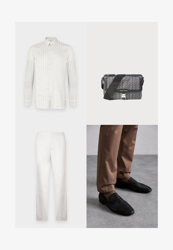 Camicia bianca con bottoni, caratterizzata da sottili righe verticali beige. Presenta un colletto a punta, maniche lunghe e polsini con bottoni. Texture liscia.; Pantaloni tailored beige chiaro con una texture liscia, gambe dritte, parte frontale piatta e dettagli di cucitura minimi. Nessuna tasca visibile.; Mocassini neri con un motivo testurizzato, dotati di punta arrotondata e profilo basso. Abbinati a pantaloni beige su una superficie grigia.; Borsa a tracolla nera e grigia con motivo geometrico, chiusura a zip e accessori in metallo argentato. Inclusa una tracolla regolabile.