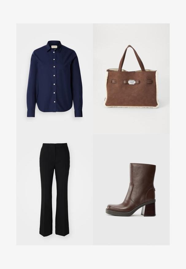 Mornarško modra srajca z dolgimi rokavi, izdelana iz bombaža, z naščitnim ovratnikom, belimi gumbi in diskretnim logotipom na prsih. Enostavna tekstura.; Črne krojene hlače s razširjenim krojem. Narejene iz gladkega blaga z mesečnimi črtami spredaj in ravnim pasom. Brez vidnih žepov.; Brah znežni čevlji s kroženim nosom, gladko teksturo in masivnim lesenim peto. Podrobnosti na stranski šiv in subtilen sijaj.; Rjava suede torba s mehkim kremnim ovitkom iz ovčje kože, dvema ročkama in srebrno pravokotno zaponko na enobarvni beli podlagi.