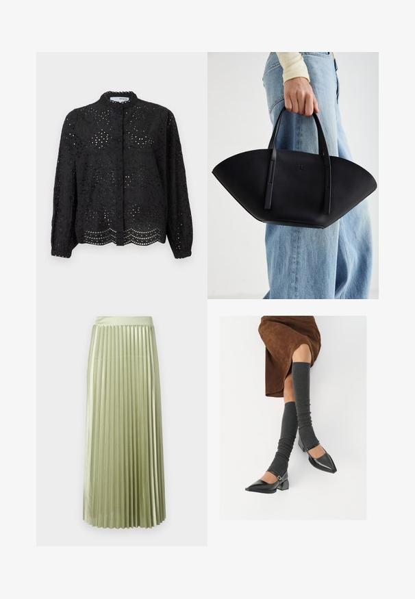 Crna košulja s dugim rukavima, s detaljnim dizajnom od šupljih uzoraka i valovitim rubom. Izrađena od laganog materijala s teksturiranim završetkom.; Plisirana midi suknja u svijetlozelenom satenu s glatkom teksturom. Prilagođeni struk, pada do sredine lista, s ravnomjernim vertikalnim plisiranim detaljima tijekom cijele dužine.; Crne lakirane cipele s šiljastim prstima, blok-petom i remenom oko gležnja, uparene s sivim rebrastim čarapama do koljena i smešnom suknjom od antilopa.; Crna kožna torba jedinstvenog oblika ventilatora, s ravnim ručkama. Površina ima teksturu sličnu šljunku i minimalistički dizajn.