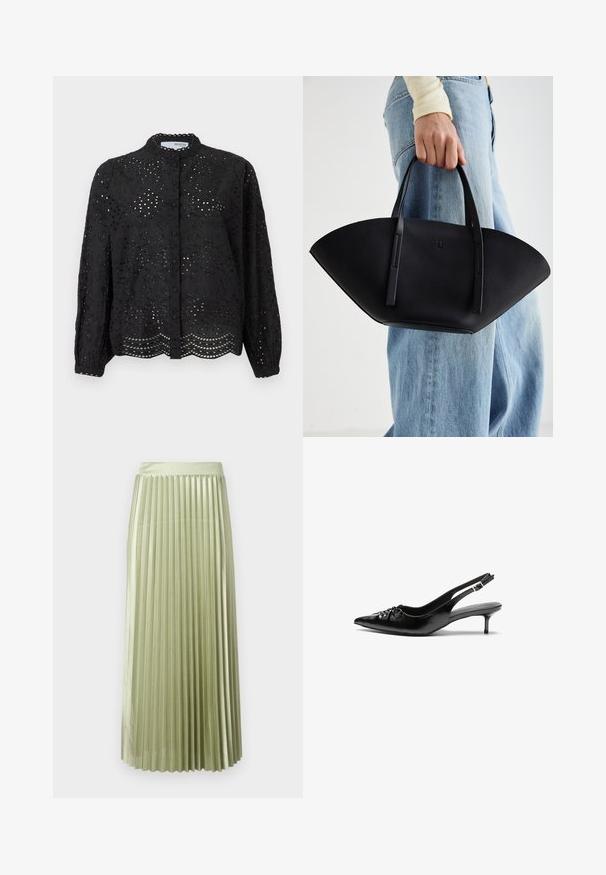 Zwarte blouse met knoopsluiting en lange mouwen, met een ingewikkeld gaatjesontwerp en een scalloped zoom. Gemaakt van lichtgewicht stof met een textuur. ; Plissé midi-jurk in lichtgroen satijn met een gladde textuur. Aansluitende tailleband, valt tot halverwege de kuit, met gelijke verticale plooien over het geheel.; Zwarte leren slingbackhakken met een spitsen neus, lage kittenhak en geplooide details op het bovendeel. Gladde textuur en minimalistisch ontwerp.; Zwarte leren handtas met een unieke waaier vorm, voorzien van platte handvatten. Het oppervlak heeft een gewelfde textuur en een minimalistisch ontwerp.