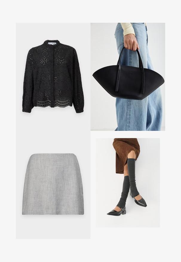 Melna korsetēta blūze ar garām piedurknēm, kurai ir sarežģīts acs dizains un viļņota apakšmala. Izgatavota no viegla auduma ar strukturētu virsmu.; Pelēka svārku ar gludu, teksturētu audumu, ar taisnu piegriezumu un bez redzamām rotājumiem. Vienkāršs, minimālistisks dizains.; Melnas laka ādas apavi ar norādītu purngalu, blokveida papēdi un potīšu jostu, saskaņoti ar pelēkām ribotām kāju sildītājām un brūnu zamšādas svārku.; Melnas ādas rokassoma ar unikālu ventilatora formu, aprīkota ar plakaniem rokturiem. Virsma ir ar graudainu faktūru un minimālistisku dizainu.