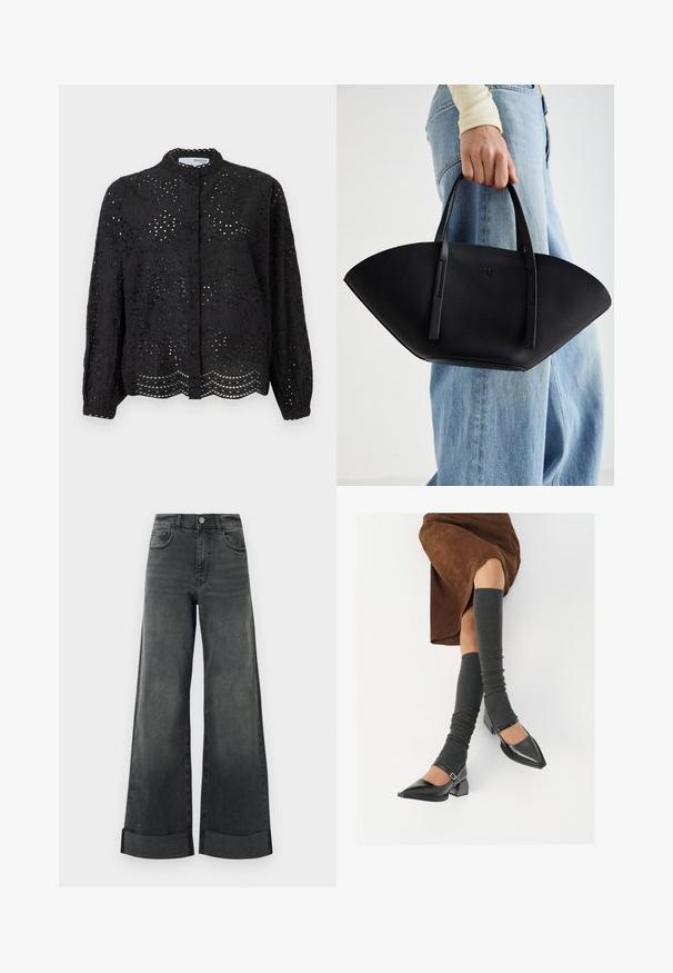 Black button-up blouse with long sleeves, featuring intricate eyelet design and scalloped hem. Made of lightweight fabric with a textured finish.; High-waisted black wide-leg jeans with cuffed hems, front button, and pockets, displayed against a plain light background.; Black patent leather pointed-toe shoes with a block heel and ankle strap, paired with gray ribbed leg warmers and a brown suede skirt.; Black leather handbag with a unique fan shape, featuring flat handles. The surface has a pebbled texture and a minimalistic design.