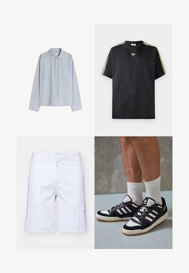 Himmelblaues Langarmhemd mit schmalen, vertikalen roten Streifen. Mit einem Button-down-Kragen und einer einzelnen Brusttasche. Aus Baumwollstoff.; Schwarzes T-Shirt aus glattem Stoff mit Rundhalsausschnitt, das drei grüne Streifen auf den Schultern und ein kleines grünes Logo auf der Brust zeigt.; Weiße Baumwollshorts mit geradem Schnitt, Reißverschluss und Knopfverschluss. Mit seitlichen Taschen und einer glatten Textur.; Schwarz-weiße Sneaker mit einem Obermaterial aus Wildleder und Leder, ausgestattet mit drei weißen Streifen, einer perforierten Zehenpartie und einer Sohle aus Gummi.