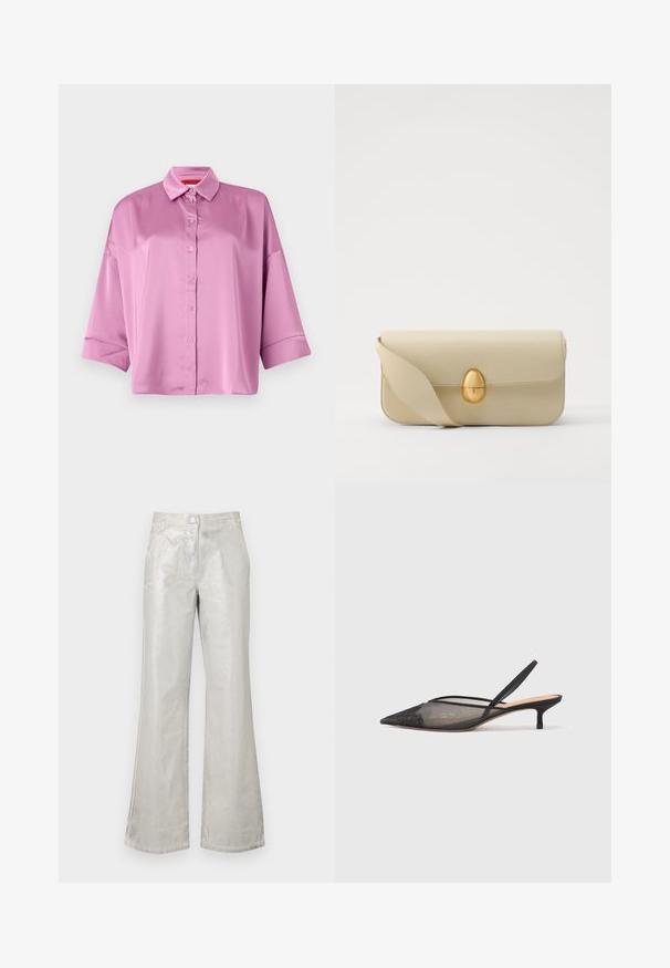 Lyserød satin skjorte med knapper, krave, afslappet pasform og oprullede ærmer, der har en glat tekstur og en subtil glans.; Sølvfarvede flare bukser lavet af et skinnende materiale, med lukning foran med knap, to lommer og synlige syninger.; NEOUS IRENA - Pumps - black; Beige læderhåndtaske med en glat tekstur, rektangulær form og en gylden oval lås. Har en lang, justerbar rem.