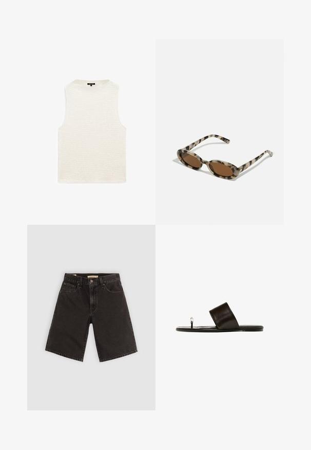 Bílý bezrukávový top s texturovaným vlnitým vzorem. Kolo výstřih, volný střih a žádné viditelné kování nebo akcenty. Měkká tkanina.; Černé denimové šortky s rovný střih, pěti kapsami a kovovými detaily, vyrobené z texturované látky a se standardním pasem.; Hnědé kožené sandály se širokým páskem a kroužkem na prsty. Plná podrážka s jemnou strukturou a hladkým povrchem, zdobená minimalistickými designovými akcenty.; Želvovinové sluneční brýle s oválnými čočkami, hnědým tónem a tenkými vzorovanými stranami. Lehký plastový materiál s jemnými zlatými akcenty.