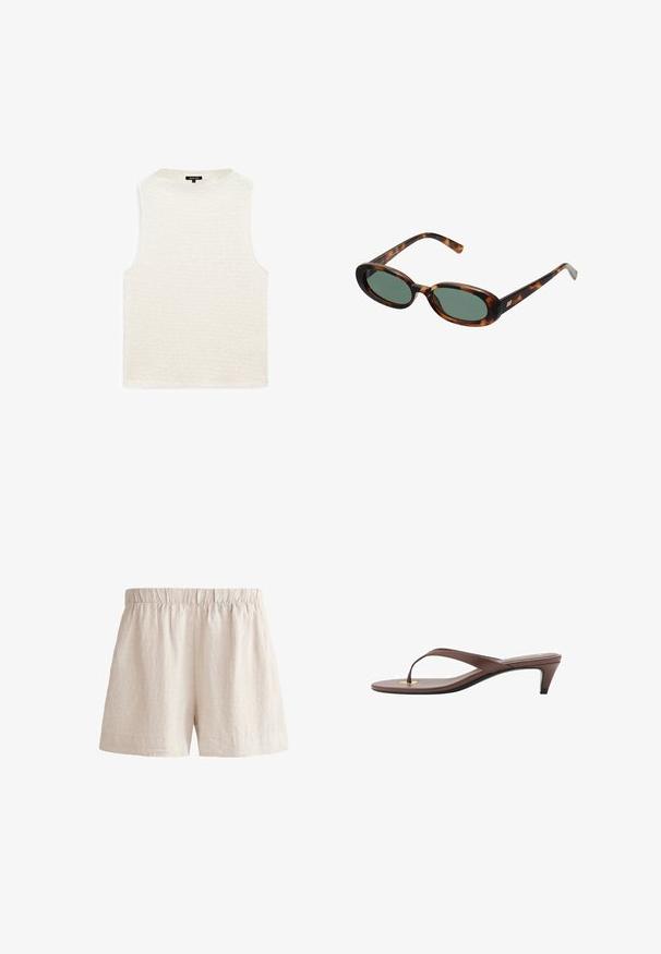 Witte mouwloze top met een gestructureerd, golvend patroon. Ronde halslijn, relaxte pasvorm en geen zichtbare hardware of accenten. Zachte stof.; Lichtbeige linnen shorts met een elastische tailleband, met een losse pasvorm en een eenvoudige zoom. Vriendelijke textuur met een subtiele, natuurlijke afwerking.; Bruine hakken flip-flop sandaal met een slanke band en ronde teenpost, met een kleine gouden accent op de voetbed.; schildpadbril met ovale monturen en groene lenzen. Heeft dunne spijlen met een metalen accent nabij de scharnieren.