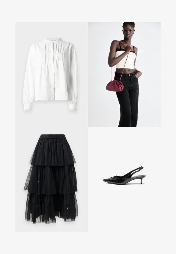 Balta garo piedurkņu blūze ar stāvo apkakli, vertikālām krokām priekšā, pogu aizdari un mežģīņu apmali pie piedurknēm.; Kārtota melna tilla svārki ar elastīgu jostu un kaskādes dizainu ar mainīgām garumiem un viegliem mirdzuma akcentiem.; Melni ādas sandales ar norādītu pirkstu, mazu kaķa papēdi un dekoratīvu mezglu detaļu priekšā. Gluda tekstūra visā virsmā.; Burgundijas mīkstas auduma soma ar sakoptu dizainu un garu siksnu, nēsāta uz krūšu. Modelis valkā baltu piegriezuma topu un melnas džinsus.