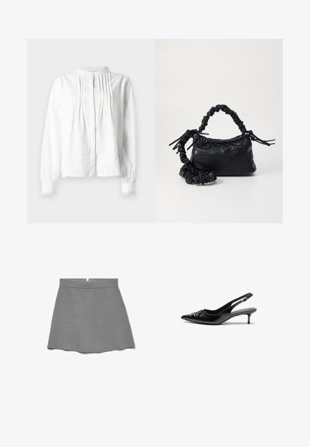 Valkoinen pitkähiha-bleiseri, jossa on pystykaulus, pystyröyhelöitä edessä, napitettu sulku ja pitsireunaiset hihansuut.; Harmaa hame pehmeästä kankaasta, jossa on korkea vyötärö, levenevä malli ja takana piilotettu vetoketju.; Mustat nahkaiset slingback-korkokengät, joissa on terävä kärki, matala kissakorko ja kerätty yksityiskohta päällisessä. Sileä pinta ja minimalistinen muotoilu.; Must-have mustekahvi nahkalaukku krokotiiliaistalla, kiristetty yläosa ja rypistetty hihna. Näyttää pehmeältä ja kompaktilta muotoilultaan.