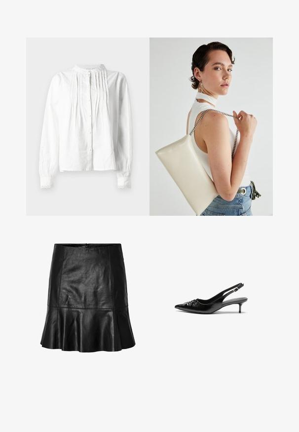 Hvit langermet bluse med stående krage, vertikale folder foran, knappelukking og blondebesatte mansjetter.; Svart skinn miniskjørt med flagrende kant og synlige sømdetaljer, med bakglidelås.; Sorte skinnert remsandaler med spiss tå, liten kittenhæl og en dekorativ knute detalj foran. Glatt tekstur gjennom hele.; Hvit rektangulær clutch-veske laget av blankt materiale, med en sølvkjede-stropp. Modellen poserer og viser vesken mot en ensfarget bakgrunn.