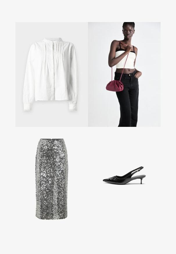 Hvit langermet bluse med stående krage, vertikale folder foran, knappelukking og blondebesatte mansjetter.; Sølvfarget paljett blyantskjørt med figurnær passform, knelengde og glatt tekstur. Har en skjult glidelås bak.; Sorte skinnert remsandaler med spiss tå, liten kittenhæl og en dekorativ knute detalj foran. Glatt tekstur gjennom hele.; Burgunderfarget myk stoffhåndveske med en samlet design og en lang stropp, båret som en crossover. Modellen har på seg en hvit crop-top og svarte jeans.