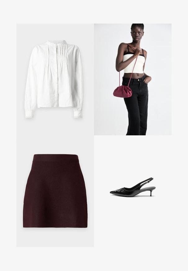 Blusa blanca de manga larga con cuello tipo chal, pliegues verticales en el frente, cierre de botones y puños con encaje.; Mini falda burdeos con una cinturilla ajustada, textura suave y una silueta acampanada. Diseño sencillo sin patrones ni detalles metálicos.; Tacones slingback de cuero negro con punta afilada, pequeño tacón kitten y un detalle de nudo decorativo en la parte frontal. Textura suave en toda la superficie.; Bolso de tela suave en burdeos con un diseño fruncido y una correa larga, usado cruzado. La modelo lleva una camiseta corta blanca y jeans negros.