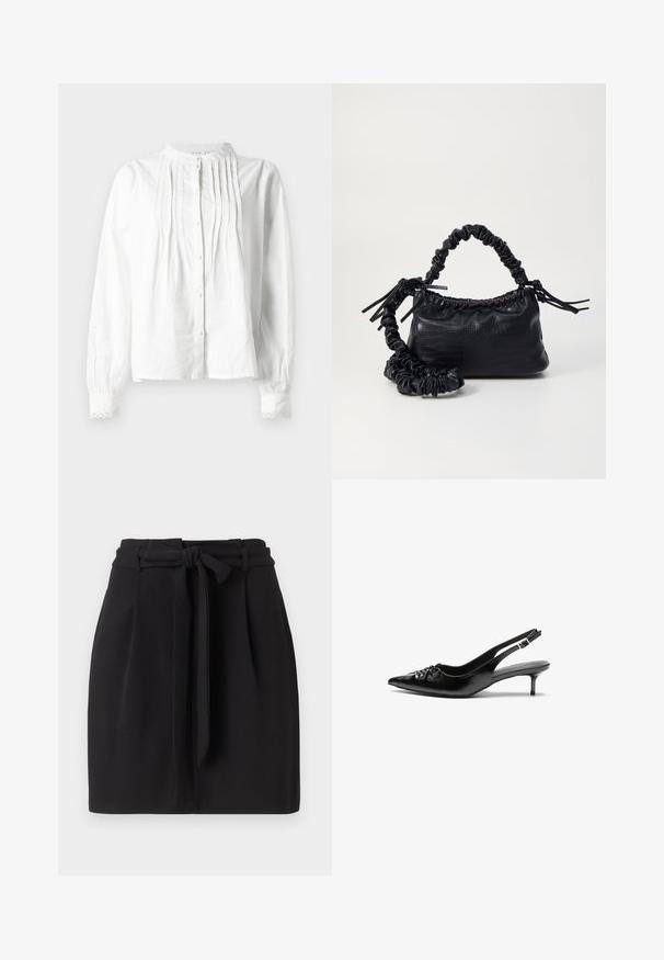 Bluză albă cu mâneci lungi, cu guler în picioare, plisuri verticale pe față, închidere cu nasturi și manșete cu dantelă.; Fustă neagră cu detaliu la talie legat, având o siluetă tailored și plisuri. Fabricată dintr-un material neted cu o margine finisată curat.; Cizme slingback din piele neagră, cu vârf ascuțit, toc mic de tip kitten heel și un detaliu decorativ sub formă de nod în față. Textură netedă pe întreaga suprafață.; Geantă din faux leather neagră cu textură de crocodil, cu partea superioară strânsă și o curea mototolită. Pare moale și compactă ca design.