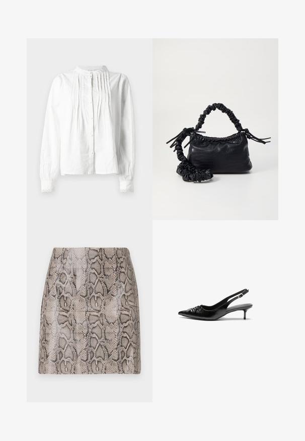 Hvit langermet bluse med stående krage, vertikale folder foran, knappelukking og blondebesatte mansjetter.; En tettsittende miniskjørt med en glanset, strukturert faux slangeskinnprint i nyanser av beige og svart, med en glatt overflate og uten synlige lukninger.; Svarte lær slingback-hæler med spiss tå, lav kitten-hæl og samlet detalj på vristen. Jevn tekstur og minimalistisk design.; Svart faux skinn-håndveske med krokodilletekstur, strammet topp og en rynket stropp. Ser myk og kompakt ut i designen.