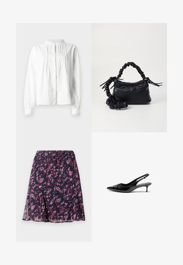 Vit långärmad blus med ståkrage, vertikala veck på framsidan, knappstängning och spetsdekorerade ärmslut.; Marinblå kjol med elastisk midja, kännedom om ett rosa och lila abstrakt blommönster och en något utställd fåll.; Svarta läder slingback klackar med spetsig tå, liten kittenklack och en dekorativ knutdetalj på framsidan. Slät textur hela vägen.; Svart faux läderhandväska med krokodiltextur, snodd topp och en skrämd rem. Ser mjuk och kompakt ut i designen.