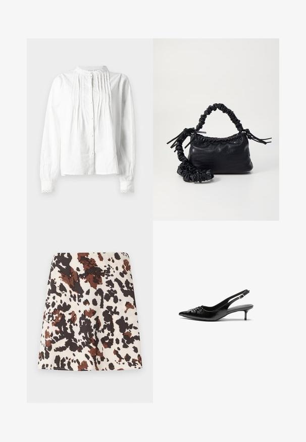 Hvid langærmet bluse med standkrave, lodrette plisseringer på forsiden, knaplukning og blonderkantede manchetter.; Kort nederdel med et mønster af køer i creme, brun og sort. Fremstillet af blødt stof; har en lige, tætsiddende design og let stræk.; Sorte læder slingback-pumps med spids tå, lav kitten-hæl og rynket detalje på overdelen. Glat tekstur og minimalistisk design.; Sort kunstlæder håndtaske med krokodilteksur, indsnøret top og en sammenkrøben rem. Ser blød og kompakt ud i designet.