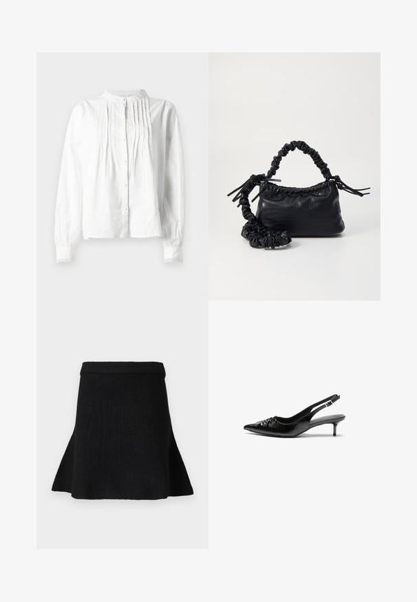 Balta ilgomis rankovėmis bliuska su stovinčiu apykakliniu, vertikaliomis klostėmis priekyje, mygtukų užsegimu ir nėrinių apvadais ant rankovių.; Juoda megzta sijonas su pleištiniu kraštu, su įrimuotu juosmeniu. Tekstūra lygi, be matomų raštų ar akcentų.; Juodi odiniai aukštakulniai su dirželiais, smailia nosimi, žemu katinėlio kulniuku ir susitraukiančia detale ant bato viršaus. Lygi tekstūra ir minimalistinis dizainas.; Juodas dirbtinės odos rankinė su krokodilo tekstūra, sušnibždinta viršuje ir susikraipytu dirželiu. Atrodo minkšta ir kompaktiška.