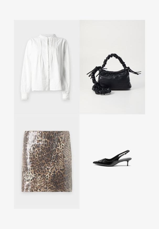 Vit långärmad blus med ståkrage, vertikala veck på framsidan, knappstängning och spetsdekorerade ärmslut.; Kjol i leopardmönster i mini-längd, tillverkad av texturerad tyg med silverpaljetter som framhäver djurmönstret, med en figurnära siluett.; Svart läderslingback med spetsig tå, låg klack i kattunge-stil och veckdetalj på framdelen. Slät textur och minimalistisk design.; Svart faux läderhandväska med krokodiltextur, snodd topp och en skrämd rem. Ser mjuk och kompakt ut i designen.