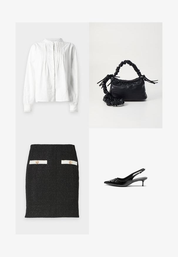 Bílá dlouhá halenka s dlouhými rukávy a stojáčkovým límcem, vertikální záhyby vpředu, zapínání na knoflíky a manžety s krajkovým lemováním.; Černá tweedová sukně s texturovanou tkaninou a přiléhavým designem. Obsahuje dva bílé kapsy s akcenty a zlatými knoflíky.; Černé kožené lodičky na slingback s špičatou špičkou, malým podpatkem typu kitten a ozdobným uzlem na přední straně. Hladký povrch po celém obvodu.; Černá kabelka z umělé kůže s krokodýlím vzorem, staženým vrškem a zmačkaným popruhem. Zdá se, že má měkký a kompaktní design.