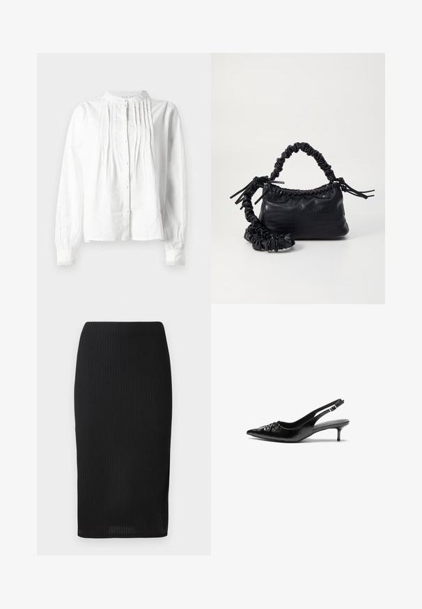 Bela dolga bluza z dolgimi rokavi in stojčasto ovratnikom, vertikalni gubami spredaj, zapiranjem na gumbe in manšetami z čipkastim robom.; Črna rebrasta svinčnik krila v oprijetem oblikovanju, s gladko teksturo in dolžino do kolen. Preprost pas brez okrasitev.; Črne usnjene slingback pete z izostrenim nosom, majhno mačje peto in okrasno vozličasto podrobnostjo na sprednjem delu. Gladka tekstura po celotni površini.; Črna torbica iz umetnega usnja s krokodilovo teksturo, z zvitim vrhom in zmečkano naramico. Zdi se mehka in kompaktna v oblikovanju.