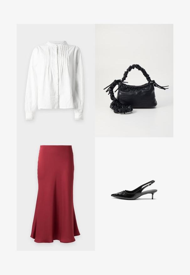 Blusa branca de manga longa com gola alta, pregas verticais na parte da frente, fecho de botão e punhos com rendas.; Saia de cetim bordô com uma textura suave, silhueta ampla e uma bainha que cai abaixo do joelho. Sem hardware ou padrões visíveis.; Sapatos de salto alto slingback em couro preto com bico fino, pequeno salto kitten e um detalhe decorativo em forma de nó na parte da frente. Textura suave em toda a parte.; Bolsa de mão em couro sintético preto com textura de crocodilo, topo franzido e alça enrugada. Apresenta um design suave e compacto.