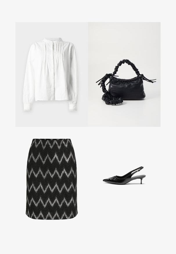 Biely blúz s dlhým rukávom a stojacím golierom, s vertikálnymi plissé na prednej časti, zapínaním na gombíky a rukávmi s čipkovaným lemovaním.; Čierna sukňa s cikcak vzorom v striebornej farbe, vyrobená z textúrovaného materiálu s priliehavým strihom a rovnou lemovkou.; Čierne kožené sandále na podpatku so špičatou špičkou, nízkym širokým podpätkom a nariaseným detailom na priehlavku. Hladká textúra a minimalistický dizajn.; Čierna umelá kožená kabelka s kroko vzorom, sťahovaným vrchom a zhnutým popruhom. Vyzerá mäkko a kompaktné v dizajne.