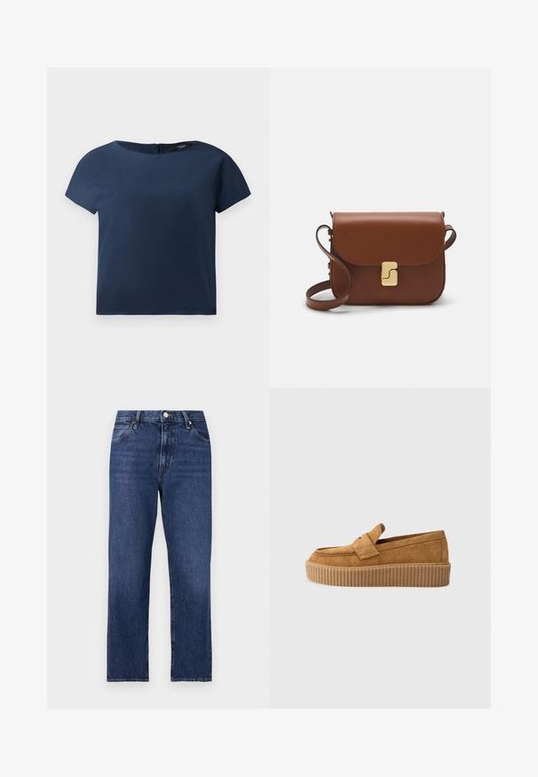 Tamsiai mėlyna trumpomis rankovėmis viršutinė dalis, apvalus iškirpimas, glotni medžiaga, laisvas kirpimas, su subtiliu nugaros uždarymu ir minimaliais siuvimo akcentais.; Tamsiai mėlyni džinsai. tiesaus kirpimo, penkių kišenių stilius, priekinis sagčių uždarymas ir kontrastingi siuvimo detalės.; Rudos suedinės loafer tipo bateliai su apvaliu pirštu, turintys raukšlėtą platformos padą ir dekoratyvinę juostą per viršutinę dalį.; Ruda odinė rankinė su uždaromu dangteliu, aukso spalvos detalėmis, petneša ir lygiu paviršiumi. Kompaktiška stačiakampio formos.