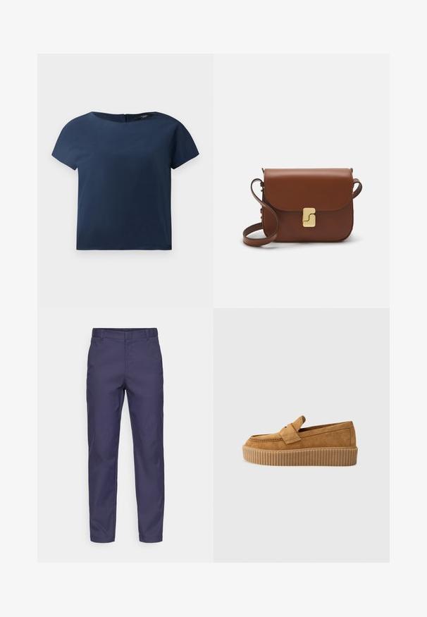 Tumši zilas krāsas īsām piedurknēm tops, apaļa kakla izgriezums, gluda auduma, brīvs piegriezums, ar niansētu aizmugurējo aizdari un minimāliem šuvju detaļām.; Tums zilas bikses, kas izgatavotas no kokvilnas maisījuma auduma, ar šauru piegriezumu, plakanu priekšu un jostas cilpām, ar gludu tekstūru un tīrām līnijām.; Brūni zamšādas loafers ar apaļu purngalu, ar ribotu platformas zoli un dekoratīvu siksnu pāri augšdaļai.; Bordo ādas rokas soma ar atloku, zeltītām detaļām, plecu siksnu un gludu virsmu. Kompakta, taisnstūrveida forma.